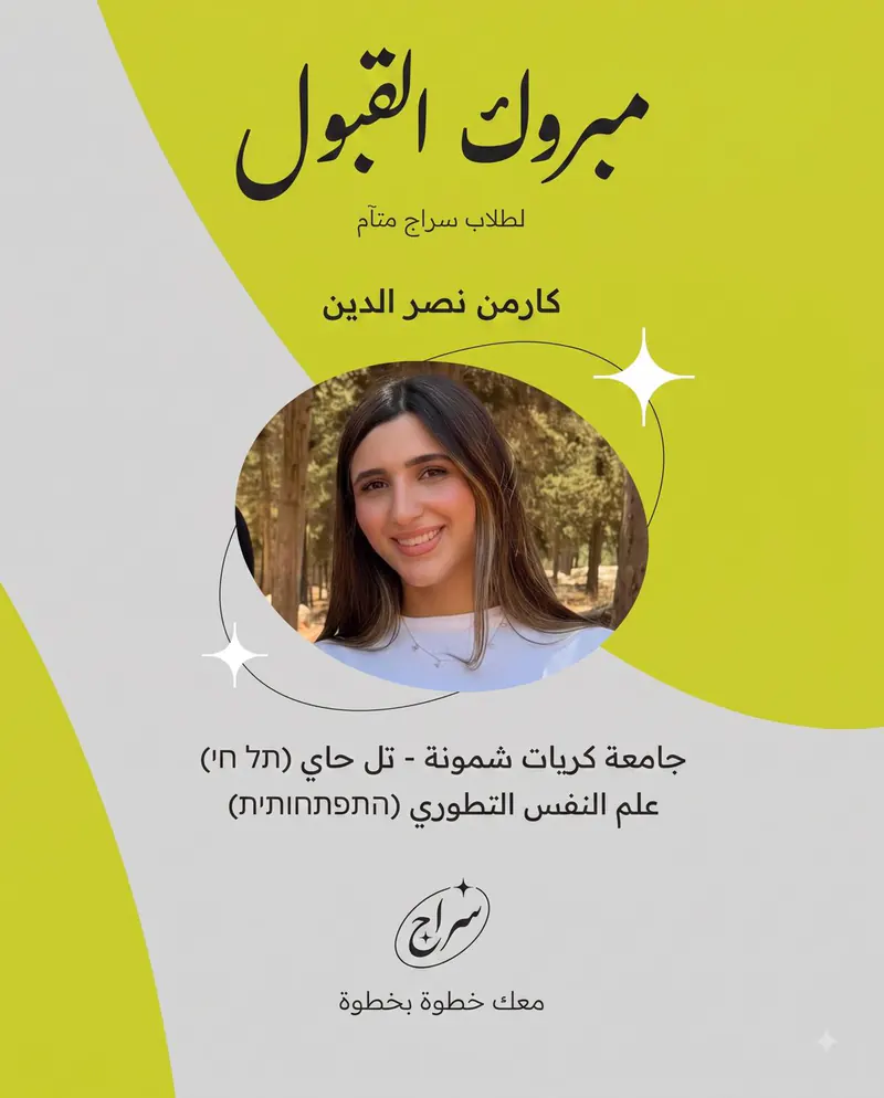 مبروك القبول لطلاب سراج متآم: كارمن نصر الدين، جامعة كريات شمونة - تل حي، علم النفس التطوري